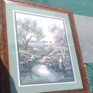 Framed Landscape Art with Brown Frame